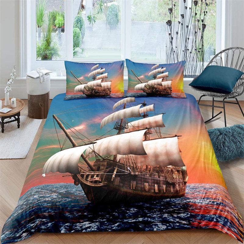 Vintage Pirate Sailboat Duvet Cover Nautical Ocean Theme Bedding Set Microfiber Diablo Style Comforter Cover King For Boys Teens