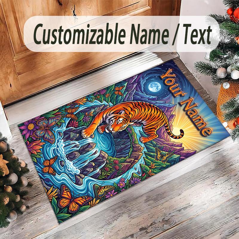 Leopard Theme Crystal Velvet Floor Rug Personalized Custom Name Text Warm Carpet Home Decoration