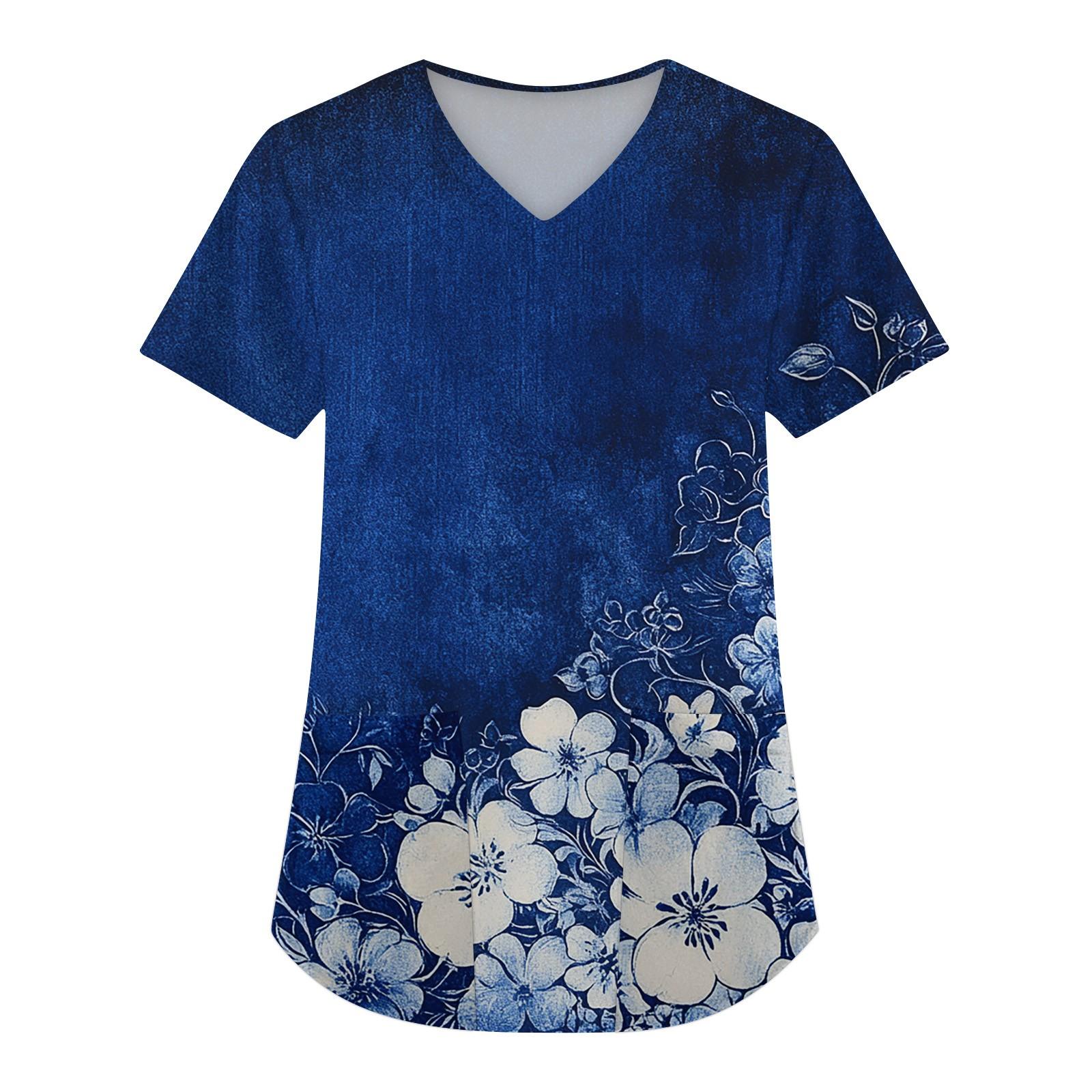 

Женская мода с коротким рукавом и V-образным вырезом с карманами и цветочным принтом Топы Одежда XXXXXL