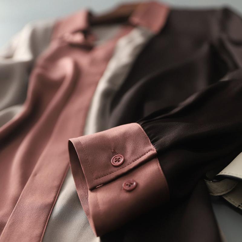 Elegant Vintage Long Sleeve Women Blouses Fall Hit Color Lapel Neck Loose Work Shirt Full Button Woman Clothing M-3XL