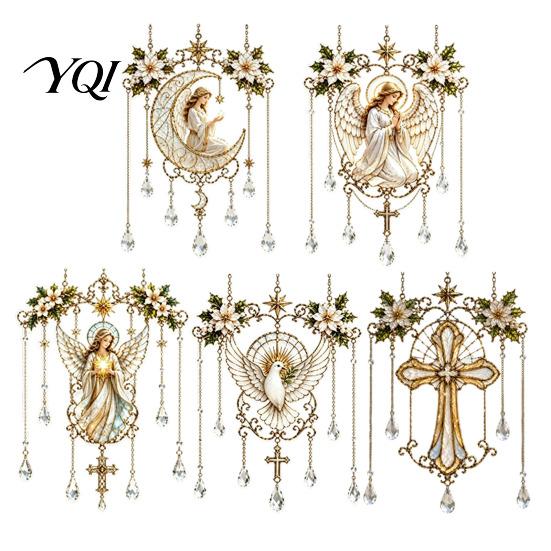 Stained Glass Angel Window Hanging Effect Blessing Suncatcher, Acrylic Prayer Decorative Suncatcher Ornament with Faux Crystal Charm for Home