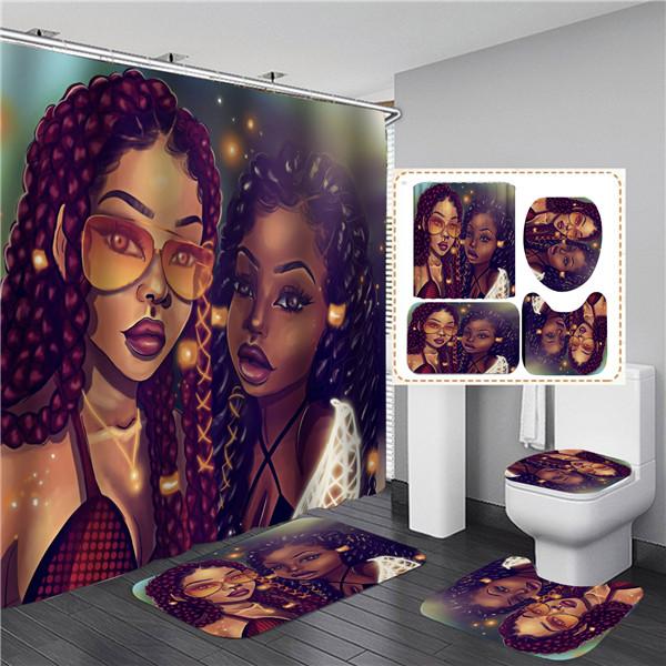 4PCS Full Set Bathroom Curtain Set Elegant African Black Woman Shower Curtain Hooks Modern Bath Mat Toilet Lid Cover Anti-slip Bath Mats