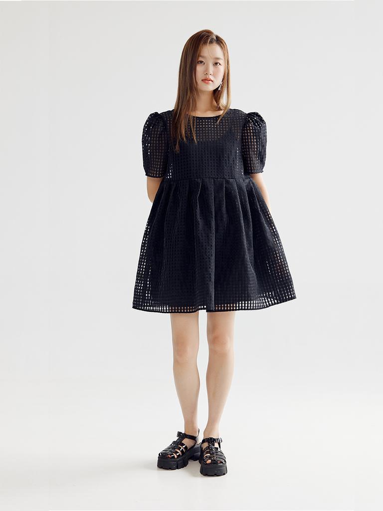 BOMNAL BOUTIQUE Checked Voluminous Mini Dress _ Black