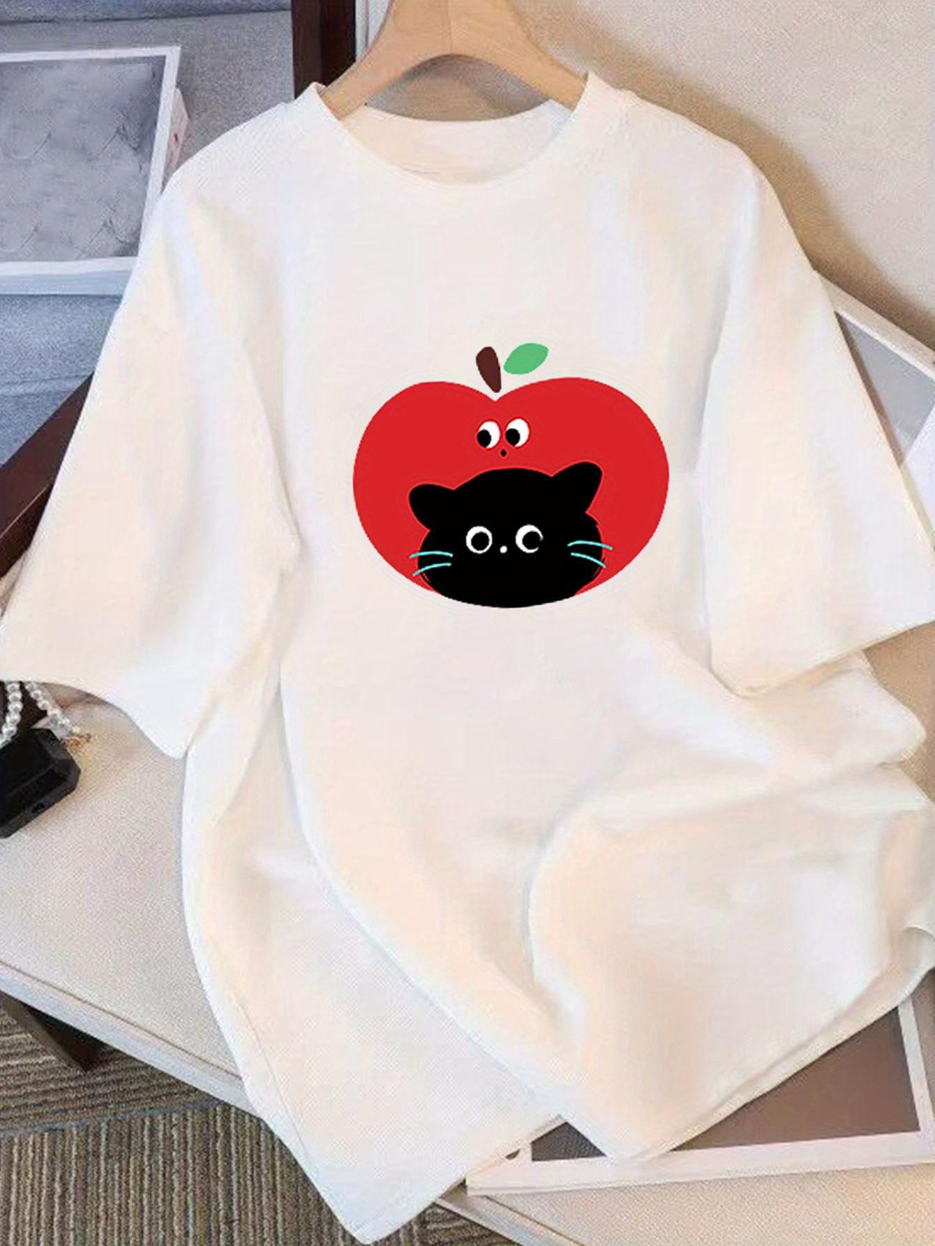 

WomenS Casual TShirt with Cute Cat Apple Graphic Harajuku Casual Tshirt Clothing Street Tops Tees Aesthetic Clothes 4XL