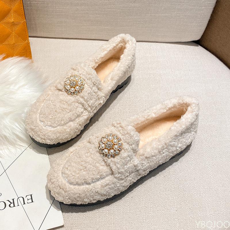 Vinter Høy Kvalitet Lammeull Hold Varmen Damesko Perleblomster Slip-on Loafers Ensfarget Fluffy Flate Dame Fritidssko