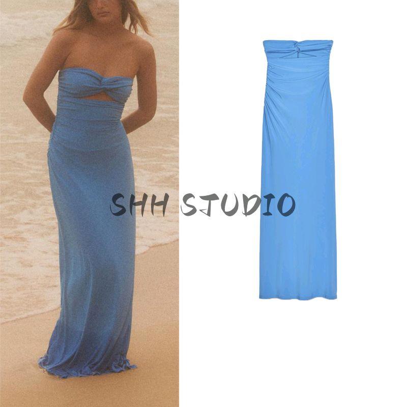Summer New Product Women's Clothes Sexy Wind Ruched Decoration V Neck Opening Design Tube Top Long Dress 3152367