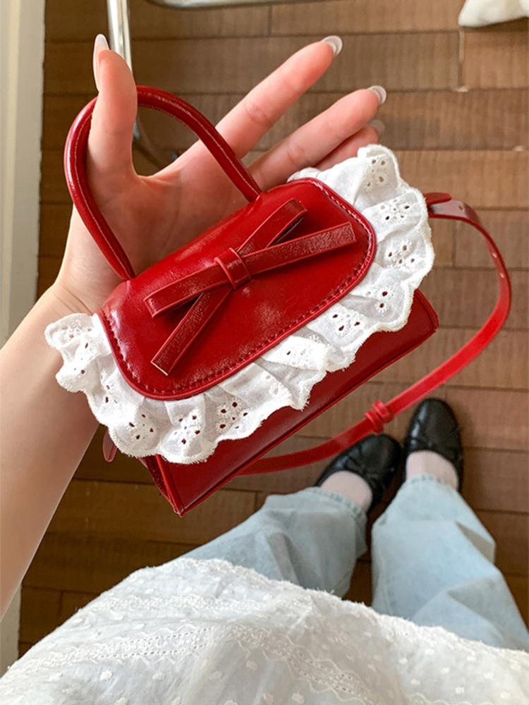 Exquisite Lace Splicing Messenger Bag for Women Korean Style Sweet Bow Knot Magnetic Buckle Handbags Spring Cute Lipstick Bags