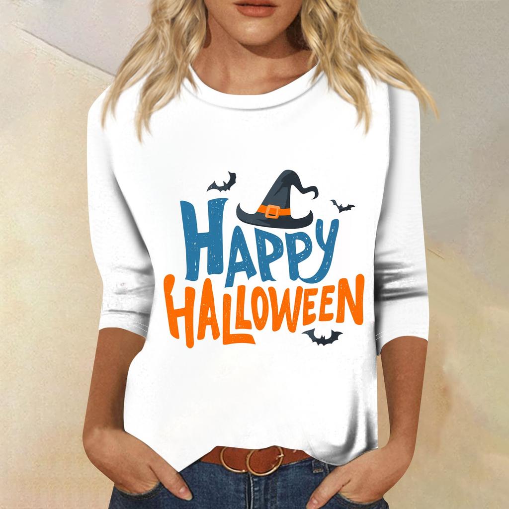 Women's Fashion Casual Round Neck Three-quarter Sleeve Halloween Printed T-shirt Top