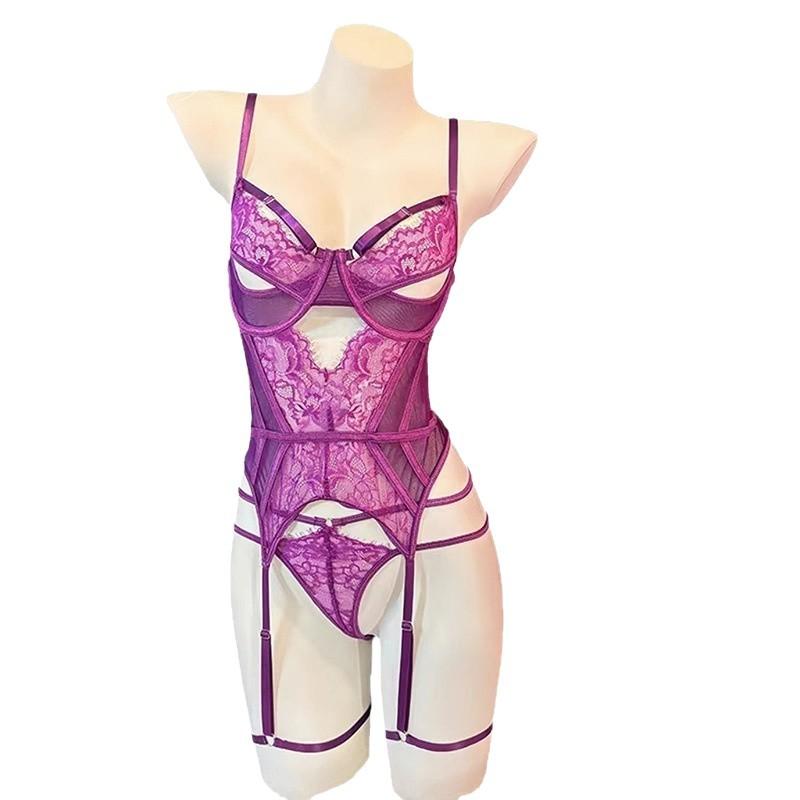 Sexy lingerie, sexy purple lace backless, hollowed-out uniform, small breasts gathered, perspective free temptation suit, pajamas