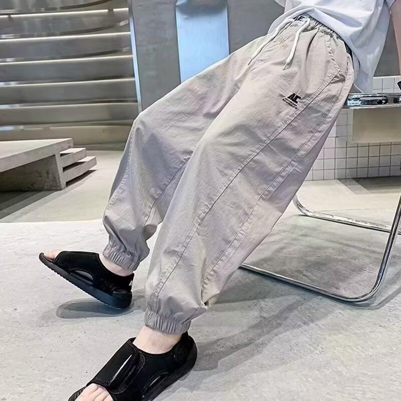New Boy s Casual Harlan Drawstring Trousers Fashionable Versatile Sports Thin Section Straight Trousers 120 серый