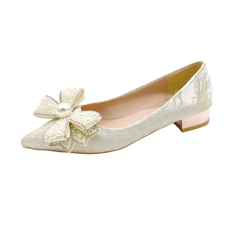 Banquet Single Shoes Autumn New Pointed Toe Shallow Mouth Knit Bow Pop Foot Non-Slip Fashion Stiletto Heels