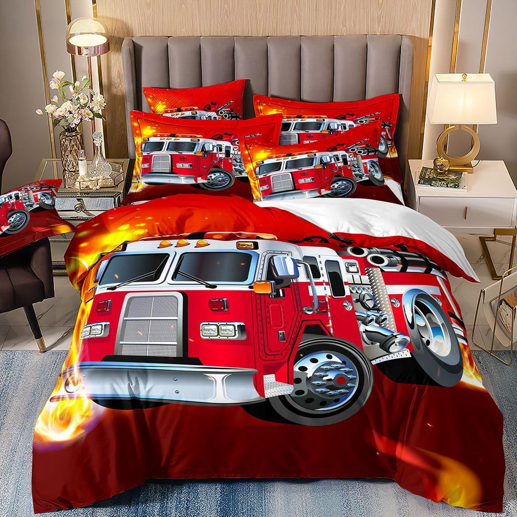 Bedding Three-Piece Set 3D Digital Printing Cartoon Fire Truck Children'S Polished Duvet Cover