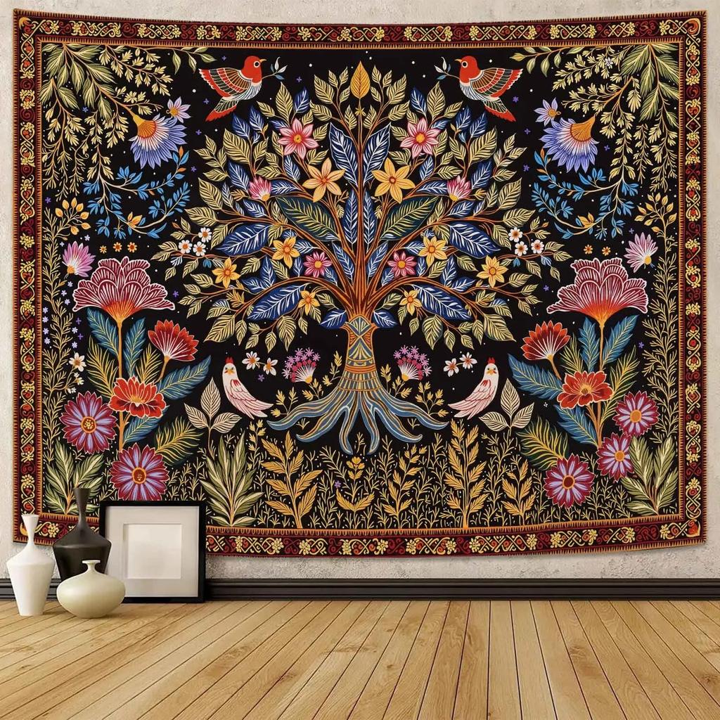 Stained Glass Tree of Life Tapestry Polyester Wall Hanging Colorful Plant Mosaic Art Room Decor for Living Room Bedroom Dorm