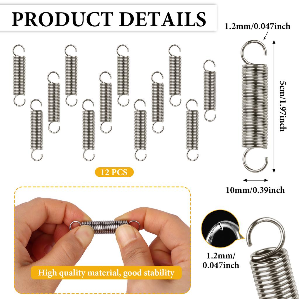12Pcs Extension Spring 2/5 Inch X 1-9/10 Inch, 0.047 Inch Spring Steel Dual Hook Tension Springs Steel Hook Ends Construction Te
