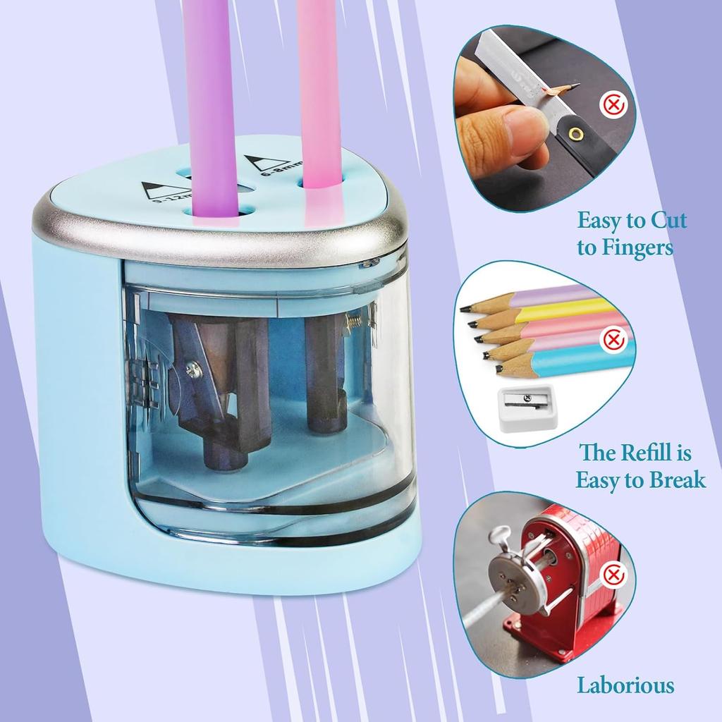 Electric Pencil Sharpener with Double Hole, Battery Operated Automatic Sharpener with 2 Extra Knife Holders, for 6-8mm/9-12mm