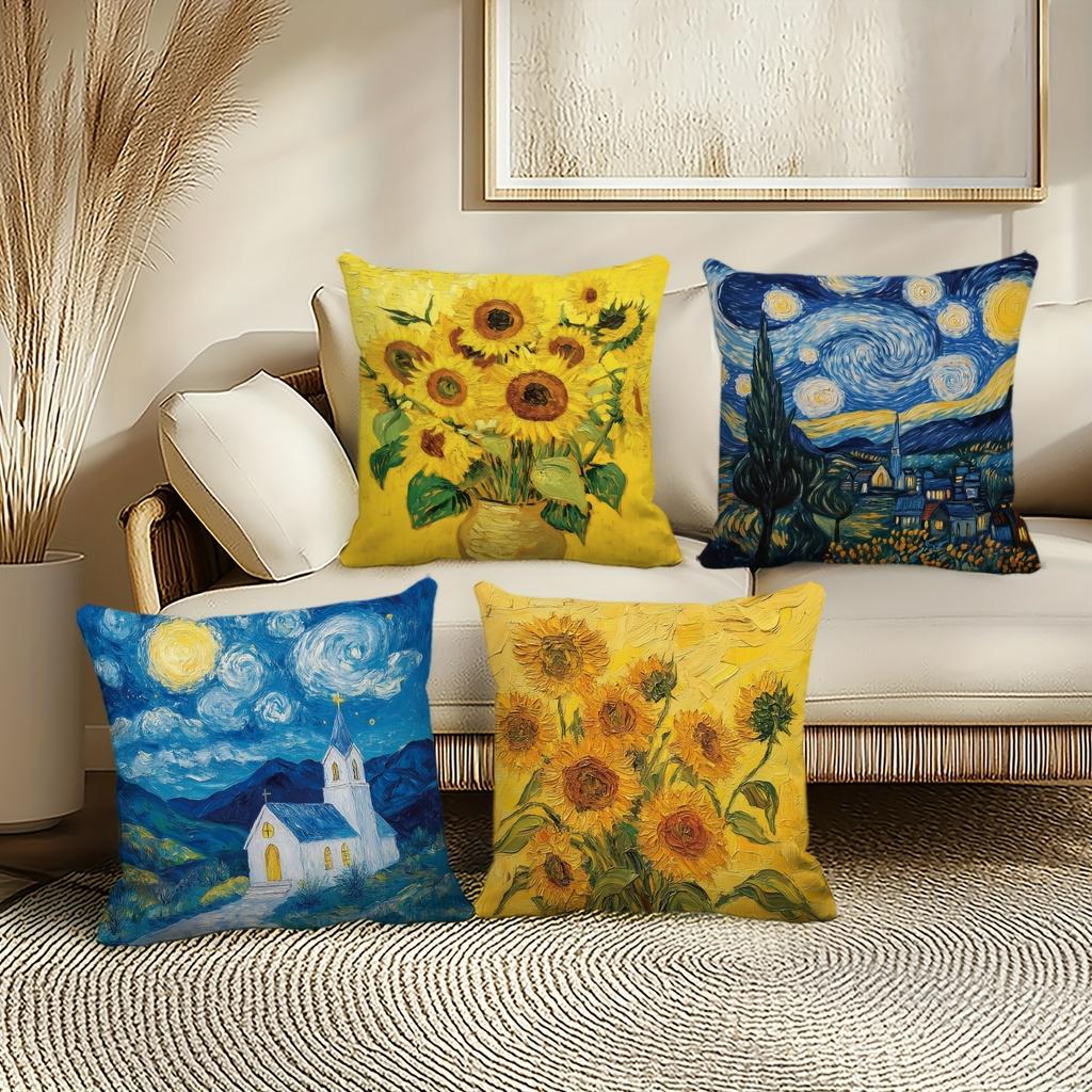 4-Pack Van Gogh Style Pillow Covers, Floral and Landscape Decorative Cushion Cases for Home, Office, Car and Outdoor Decor