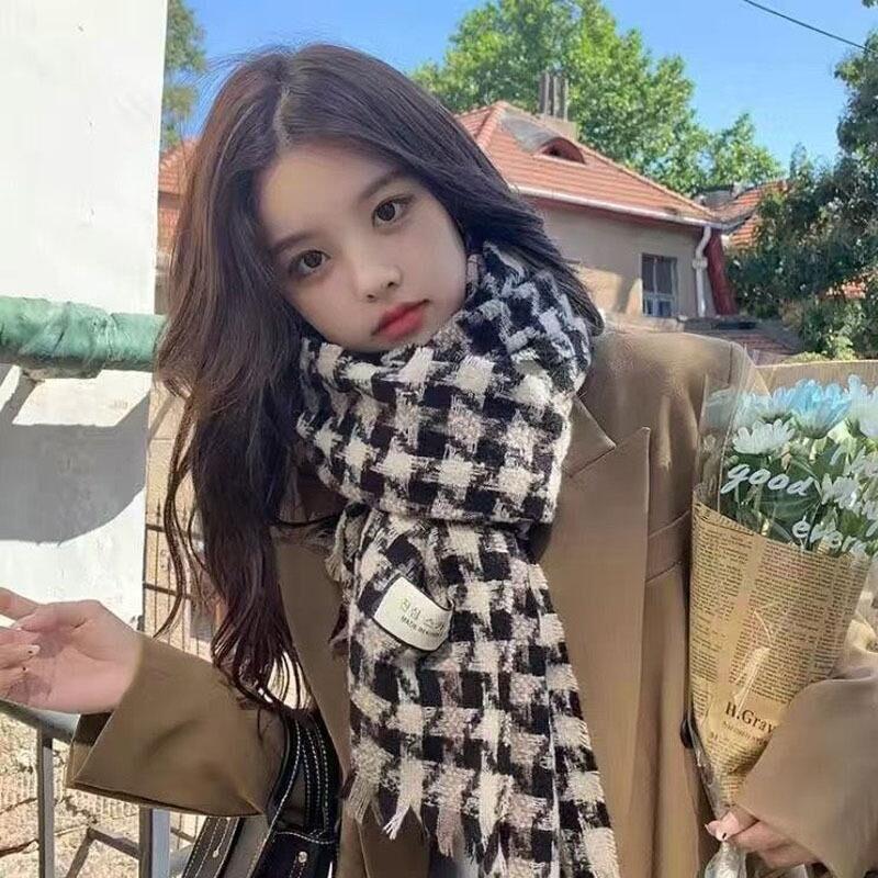 Korean Style Plaid Mohair Scarf - Women's Winter Imitation Cashmere Shawl