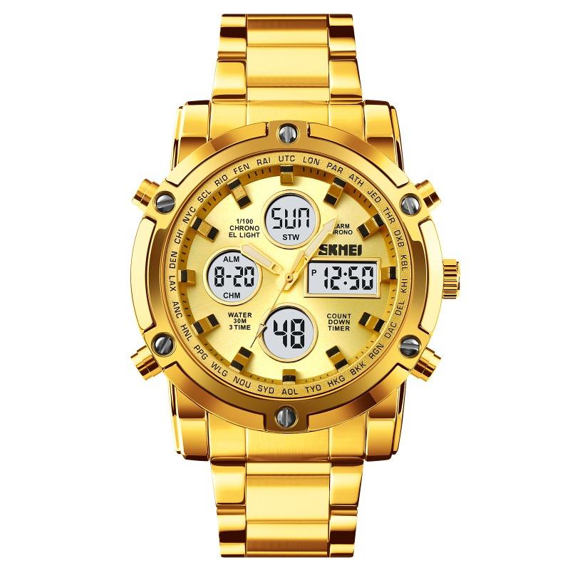 Dual Display Electronic Watch, Multi-function Steel Strap, Large Dial, Three-time Men's Waterproof Watch