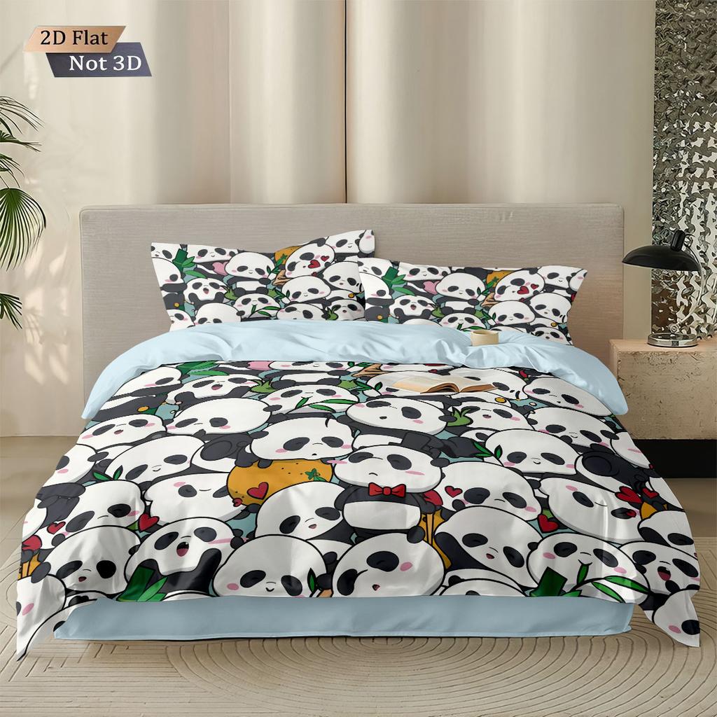 3pcs Cute Cartoon Panda Print Coreless Down Duvet Cover Set, Multi Size Bedroom Bedding Decoration, Machine Washable