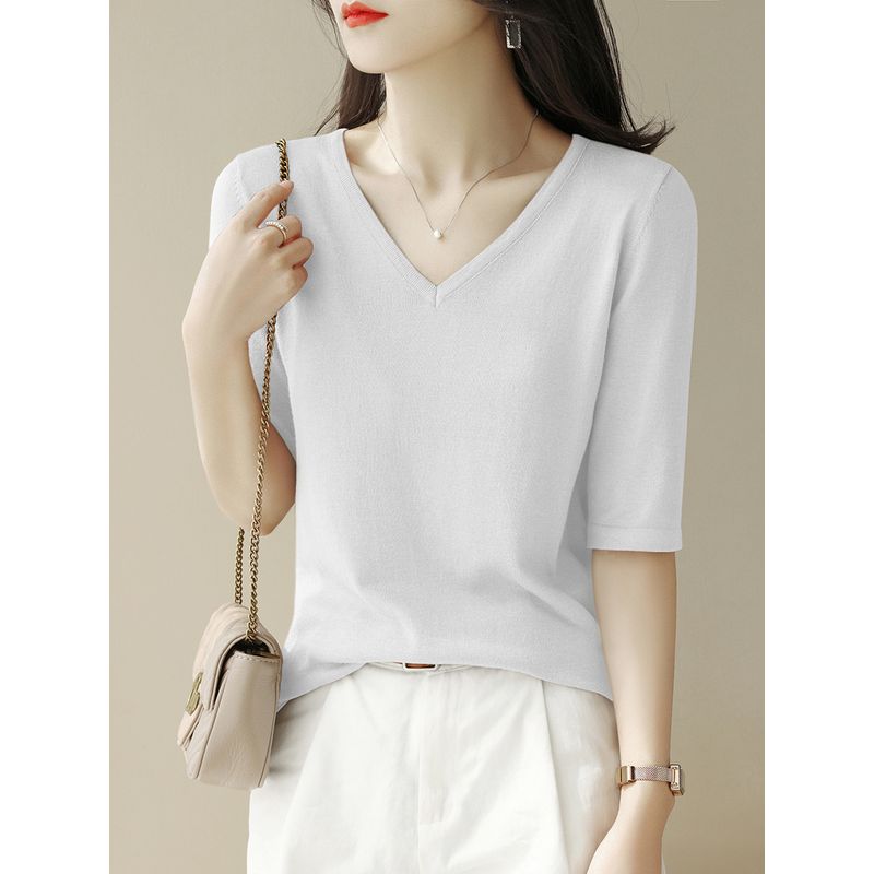 

Classy Green V Neck Idle Style Knitting Bottoming Shirt White ~ middle sleeve 2XL
