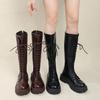 Lange Stiefel Damen 2025 Frühling und Herbst neue Modelle aber kniehohe schlankmachende lange Stiefel mit dicker Sohle zum Schnüren hohe Stiefel braune Reiterstiefel