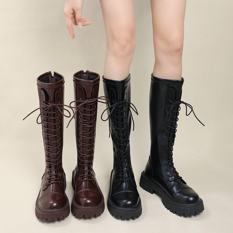 Lange Stiefel Damen 2025 Frühling und Herbst neue Modelle aber kniehohe schlankmachende lange Stiefel mit dicker Sohle zum Schnüren hohe Stiefel braune Reiterstiefel