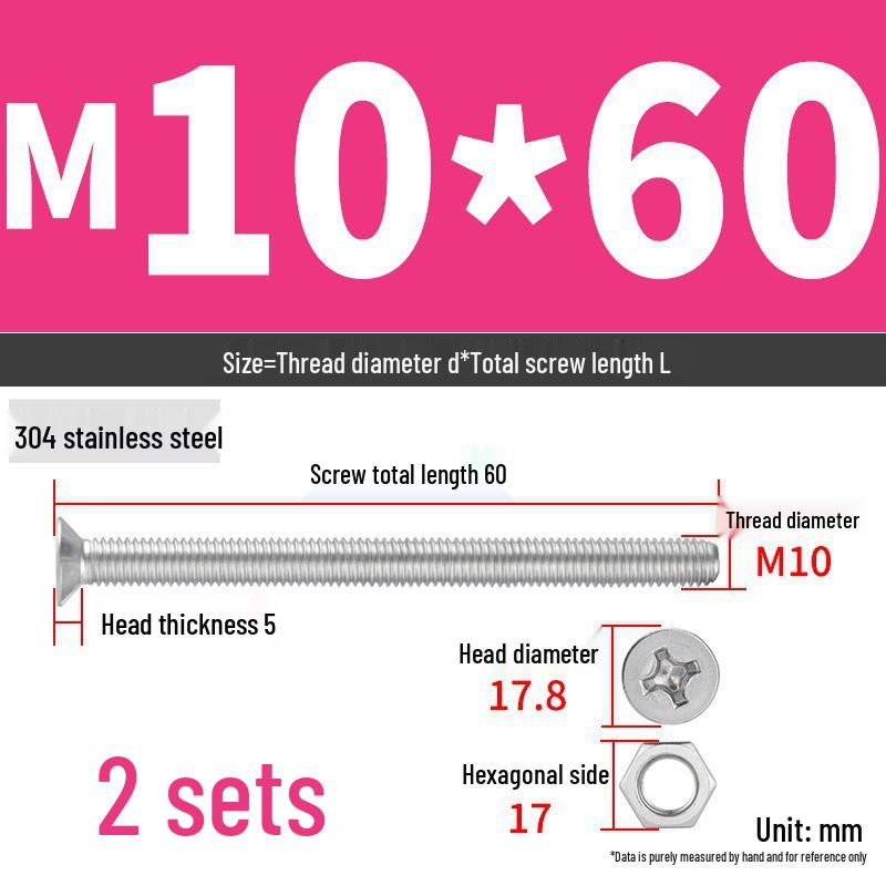 304 Stainless Steel Extra Long Phillips Flat Head Screws and Nuts Set (2M, 3M, 4M)