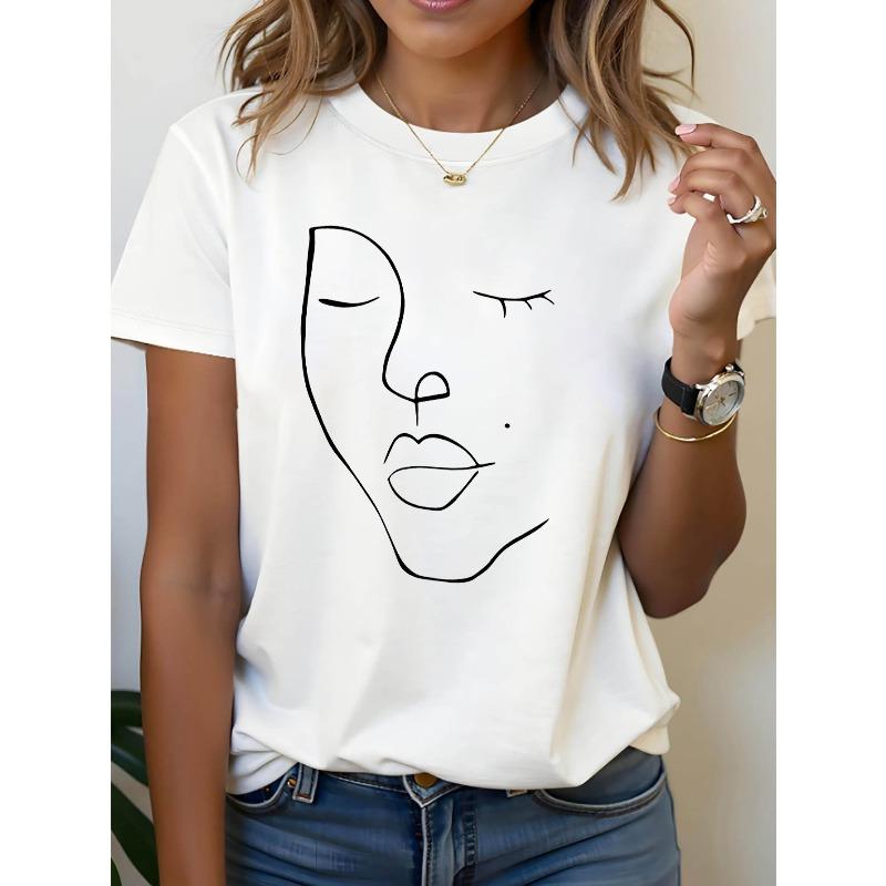 

Abstract Facial Lines Graphic Print Plus Size Women s T-shirt, Short Sleeve Crew Neck Casual Top for Summer & Spring, Women s Clothing S белый