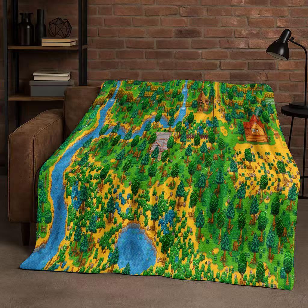 3D Retro Stardew Valley Farm Map Pixel Game Flannel Blanket,Ultra Soft Warm Plush Throw for Home Bedroom Bed Sofa Cover Kid Gift