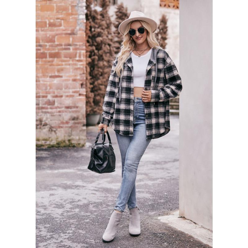 Women Oversized Plaid Flannel Hooded Long Sleeve Casual Shirt Jacket