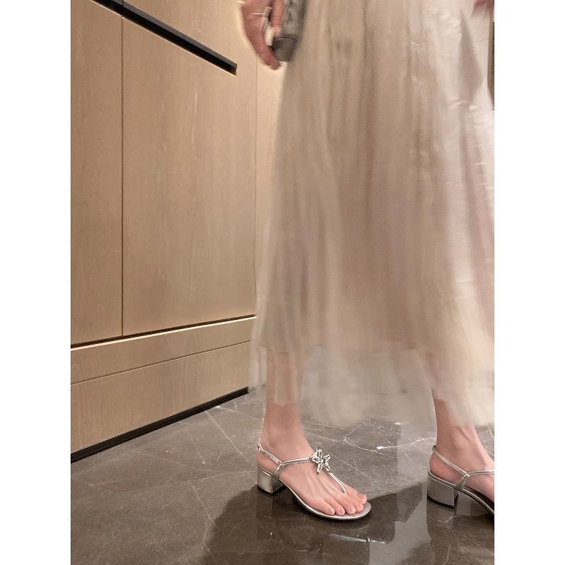 Sheepskin pentagram rhinestone buckle clip toe thick heel fashion sandals women's summer wear cool slippers