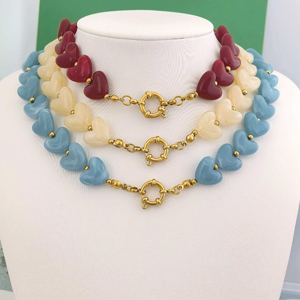 Heart Resin Necklace Women Choker Stainless Steel PVD Beads Sailor Clasp Waterproof Love Bracelet Diy Pendant Gold Vintage