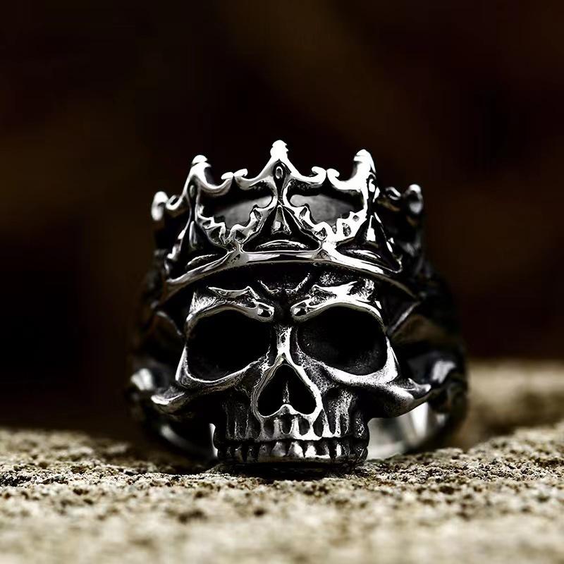 Retro Crown Skull Ring For Men Silver Color Punk Gothic Rock Hiphop Open Ring Handmade Designer Jewelry Biker Accessories Gift