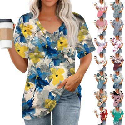 Womens Tops V-neck Short Sleeve Blouses Casual Fashion Print Tunic Tops With Pockets