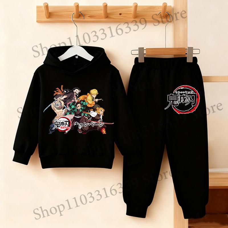 Felpa con Cappuccio e Pantaloni Anime Demon Slayer Set per Bambini Felpa con Cappuccio Giacca Pantaloni Set Ragazzi Ragazze Top Pullover Autunnale Abbigliamento Regalo