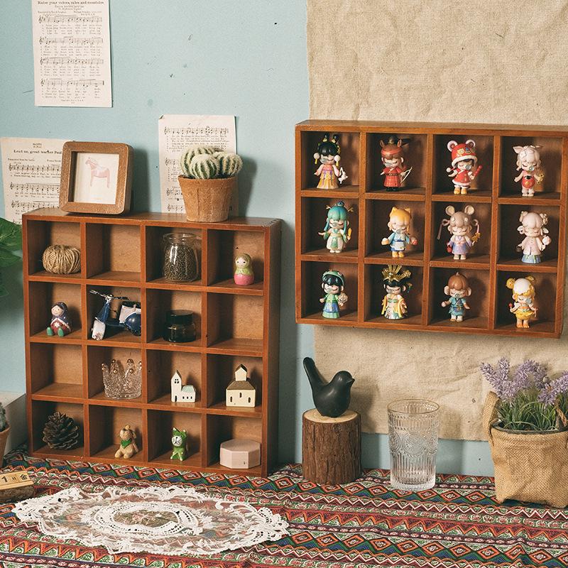 Retro Wooden Wall-Mounted Display Cabinet with Twelve Grids