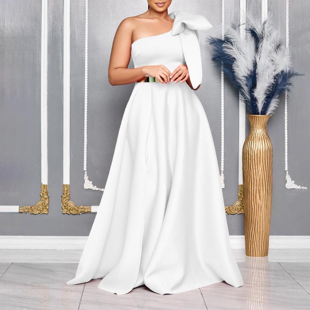 C8613 Elegant European and American Summer One-Shoulder Bow Long Evening Dress