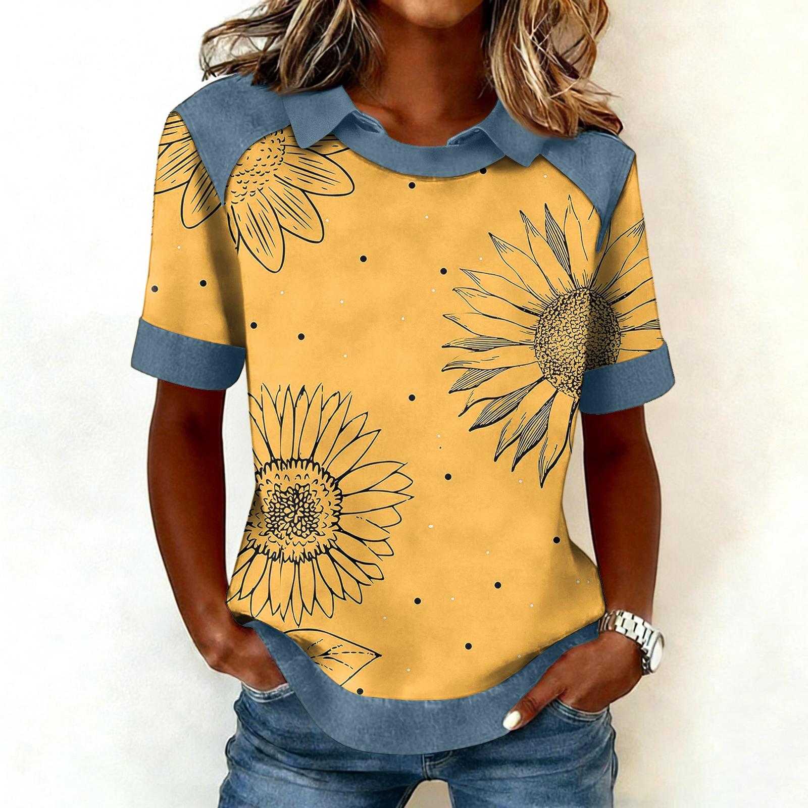 

Women s Fashion Collar Cowboy Splicing Sweatshirt Casual Printed Hoodie Short Sleeve Shirt Top XL жовтий