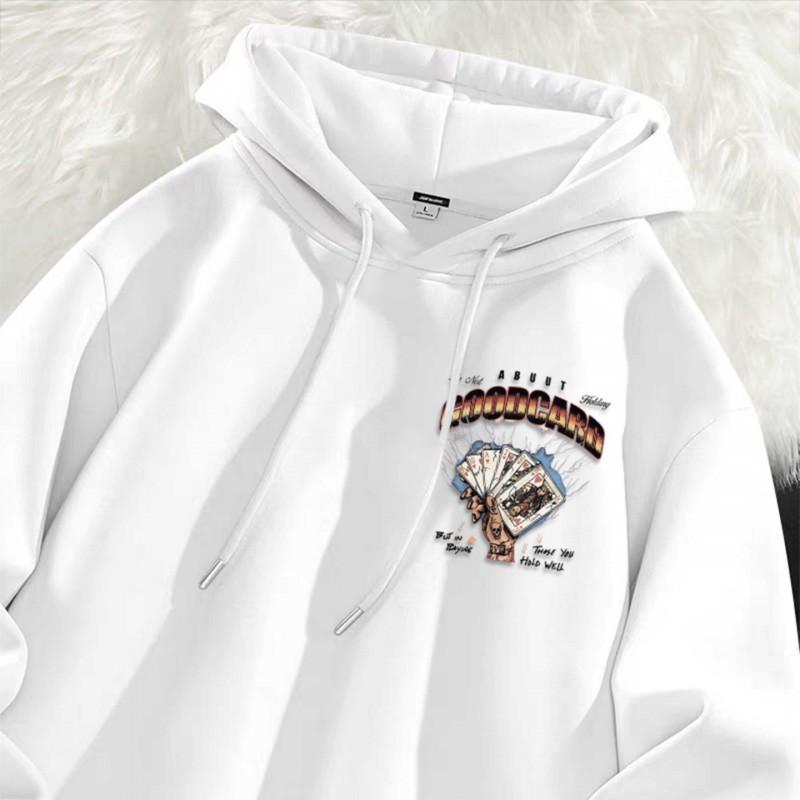 Oversized Hooded Sweatshirt With Poker Print Unisex Streetwear Winter Thick Cotton-Lined Casual Pullover