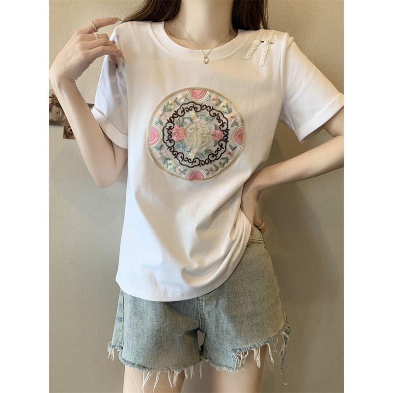 Plus Size Women's Clothing Chinese Style Summer Retro Sweet round Neck Chinese Knot Button Fashion Girlish Style Casual Short Sleeve T-shirt L-4XL