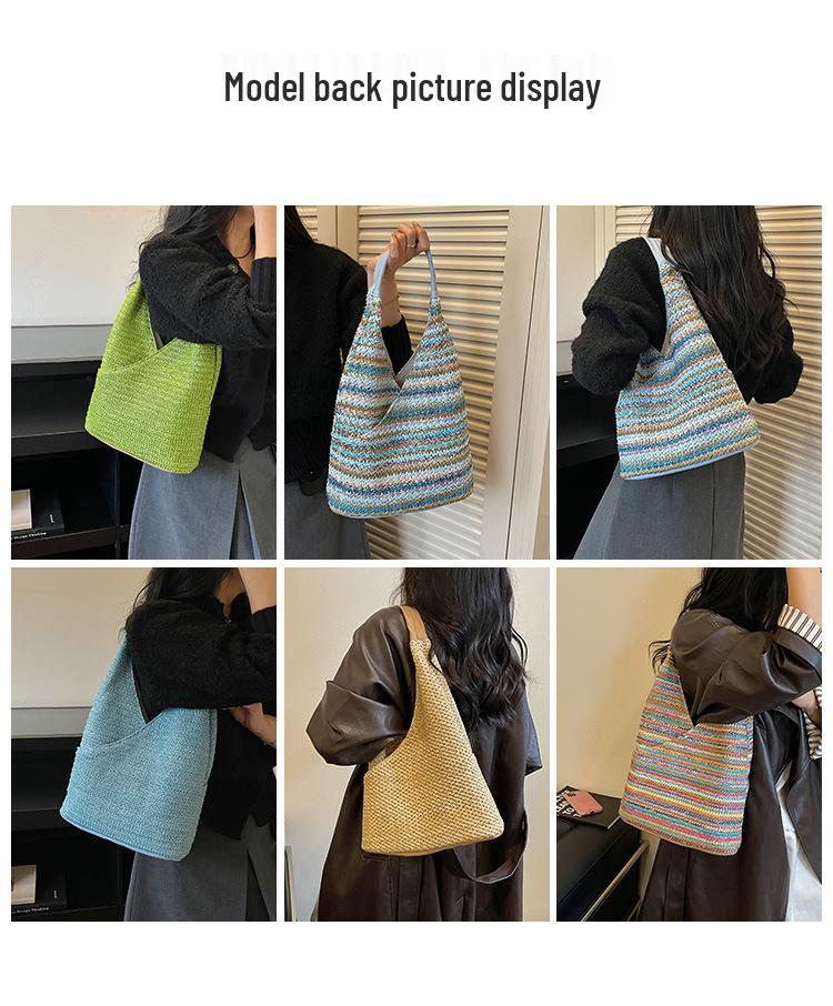2023 Trendy Women's Large Capacity Textured Straw Tote & Shoulder Beach Bag