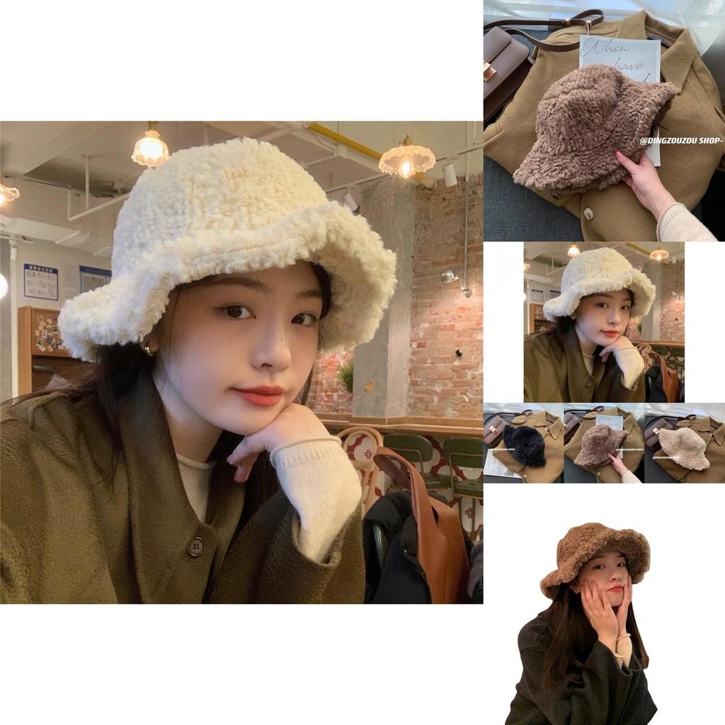 Fashionable Thickened Lamb Wool Fisherman Hat For Women Winter Warm Ear Protection Plush Bucket Hat