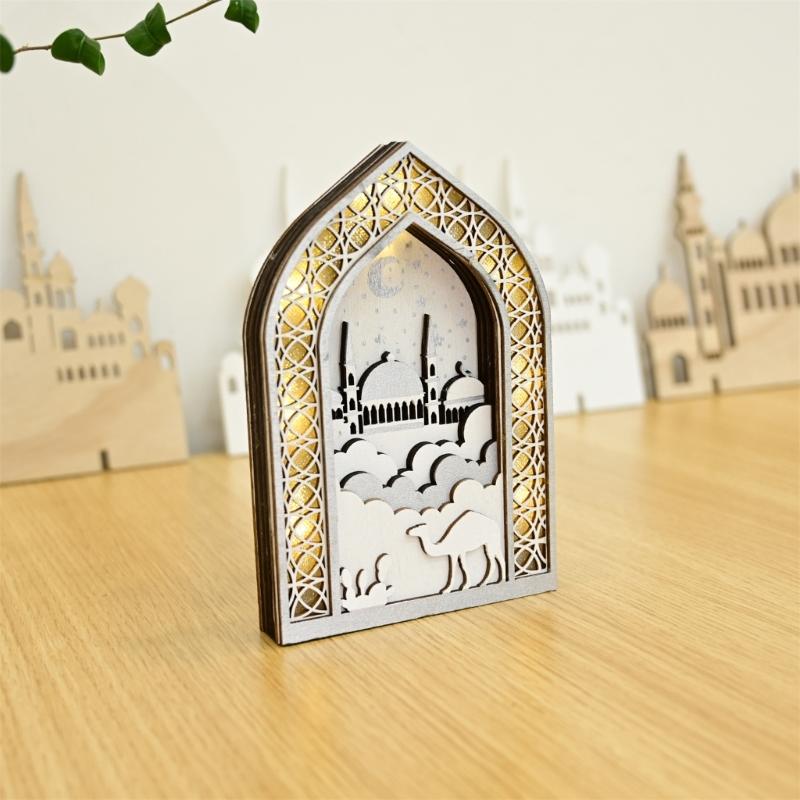 EID Wooden Pendant with LED Light Ornament Islamic Festival Supplies DIY Craft Perfect for Ramazan Home Party Decoration