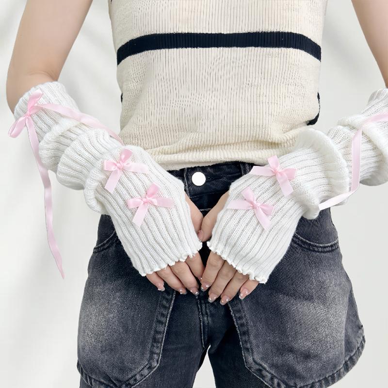 Women'S Bow-Knot Hand Sleeve Half-Finger Gloves Knitted Wool Ribbon Sleeves Fashionable Ballet Style Arm Sleeves