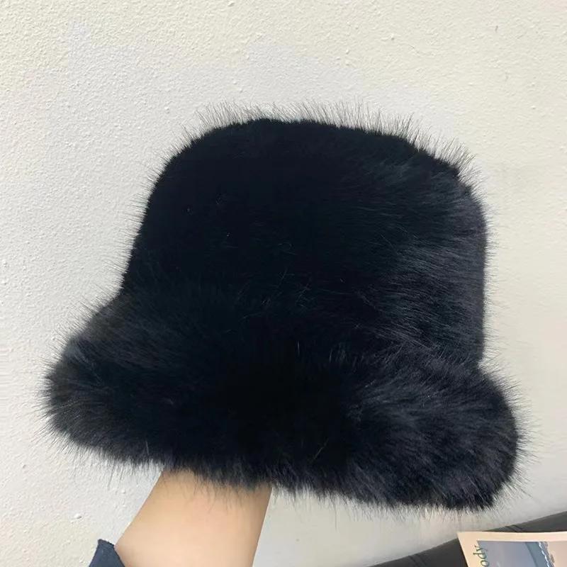 New Autumn Winter Faux Fur Bucket Hat Women'S Wide Brim Solid Color Korean Senior Warm Fisherman Cap Fashion Party Panama Caps