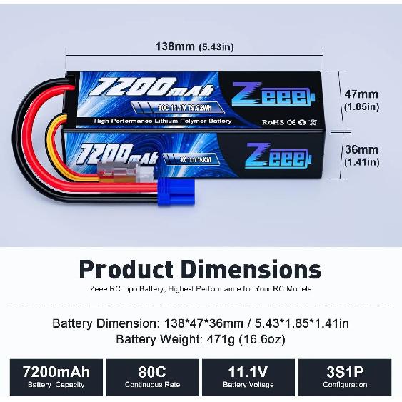 Zeee Lipo 3S 7200mAh RC Car 11.1V 80C Hardcase with EC5 Plug for RC Vehicles Truck Tank Train Lipo Battery RC Hobby Model Parts
