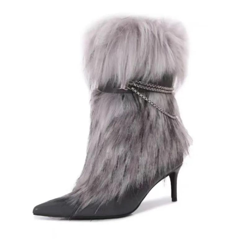 Fashion New High-heeled Pointed Niche Design Chain Hairy Boots European American Fashion Black Red Spicy Girl Sexy Women's Boots Size 43