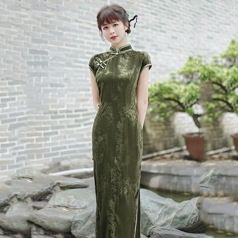 Black Velvet Floral Brocade Qipao Dress Women Vintage Chic Long Fit-and-Flare Sleeveless Style