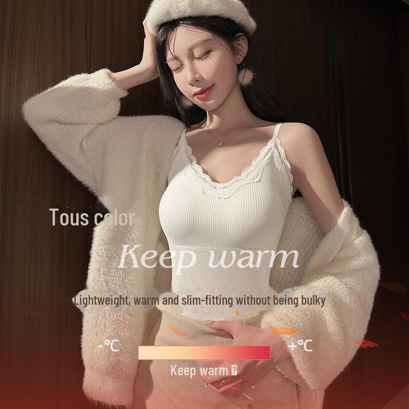 Nahtlose Thermounterwäsche für Damen mit Spitzenträgern, integrierten Polstern, kein BH erforderlich, ideal zum Layern und zur Körperformung