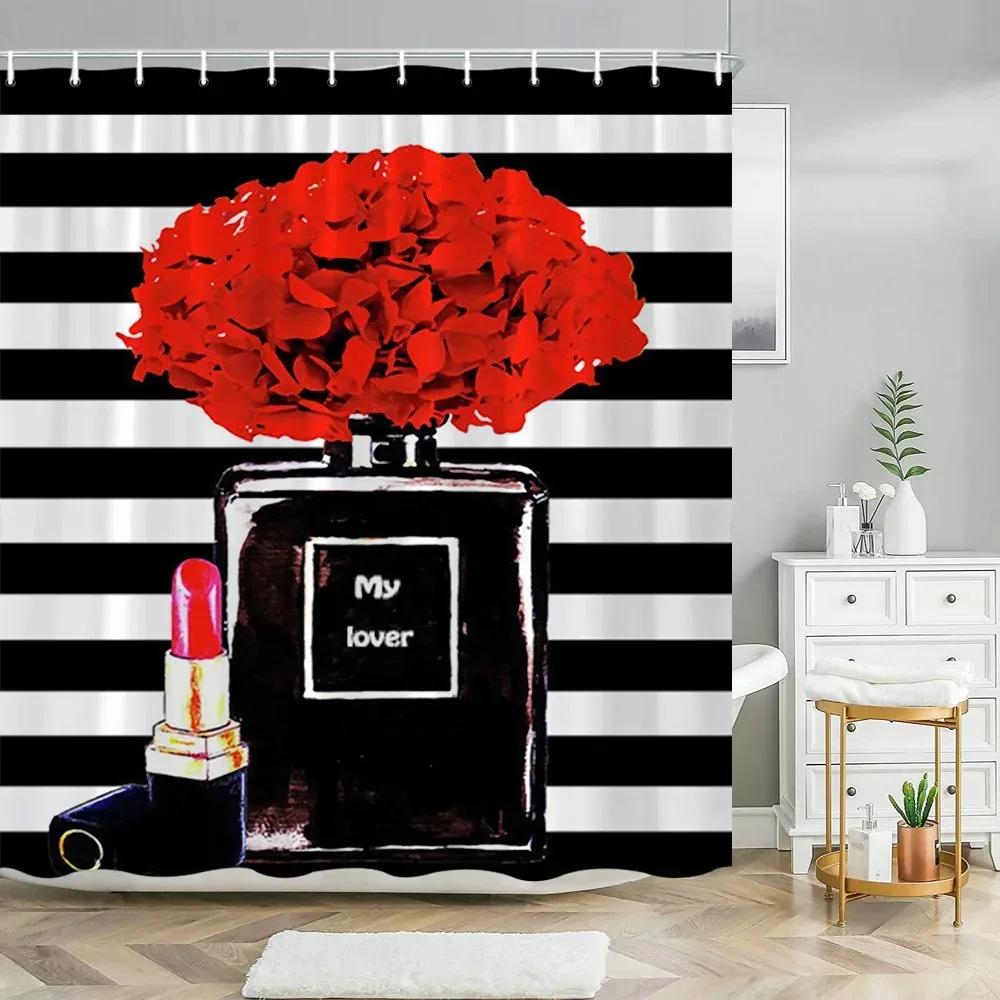 Pink Perfume High Heel Shower Curtain Set Black White Stripes Fashion Girl Woman Bathroom Decor Polyester Bathtub Curtains Hooks